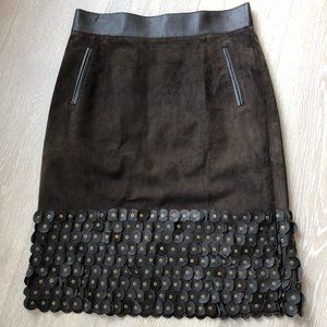 NWOT Chocolate Brown Suede Skirt with Leather Paillette Trim